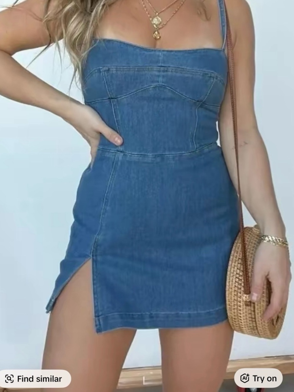 Denim Mini Dress with Side Slit - Blue